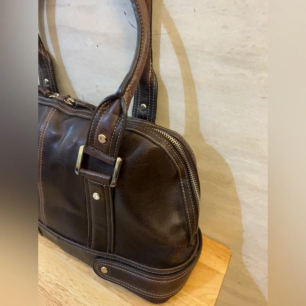 Vintage Liz Claiborne Women’s Dark Brown Leather Satchel with Dual Top Handles